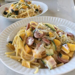 クリームチーズで☆ウインナーとかぼちゃのパスタ